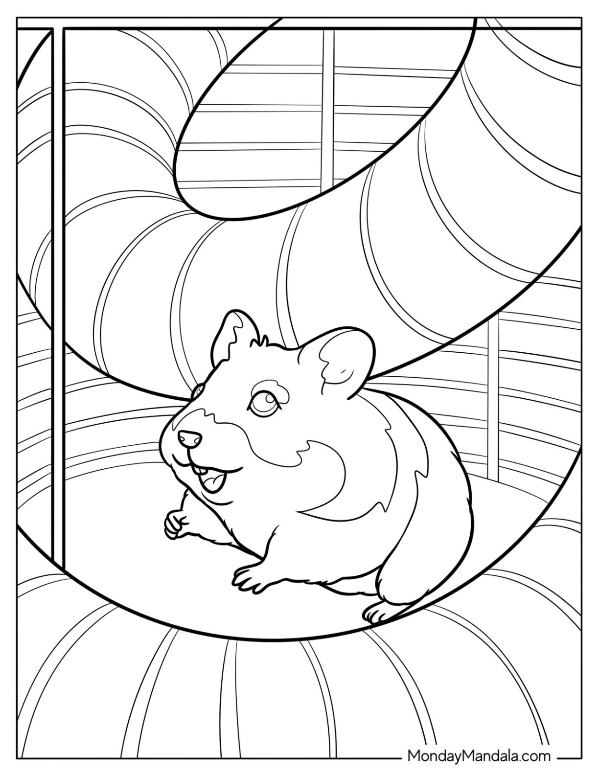 Hamster Coloring Page Playing Inside a Circular Climbing Tube in Its Cage for Kids