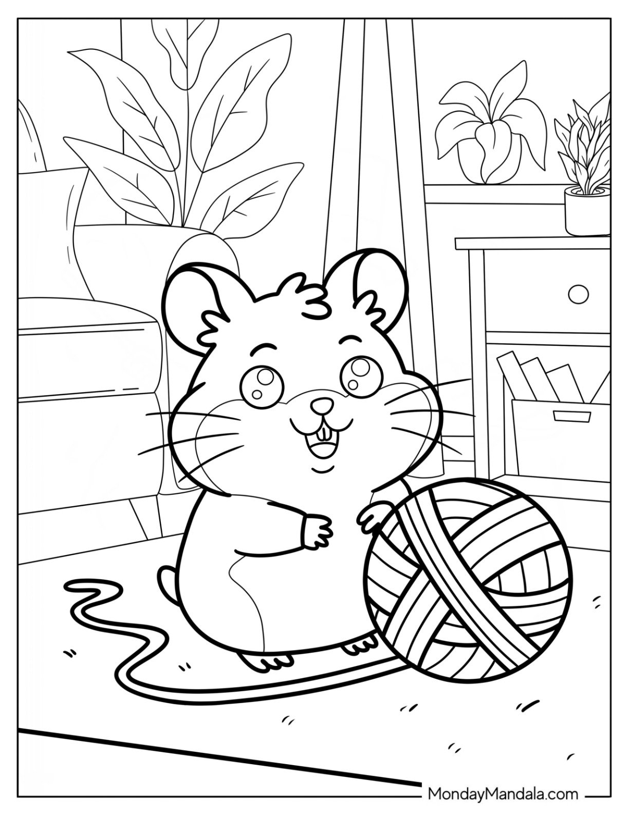 Hamster Coloring Page Playing with a Ball of Yarn in a Cozy Living Room