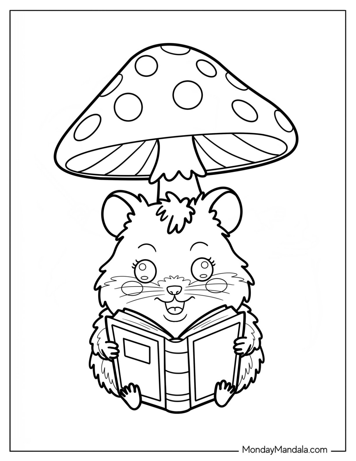 Hamster Coloring Page Reading a Book Under a Giant Mushroom for Kids