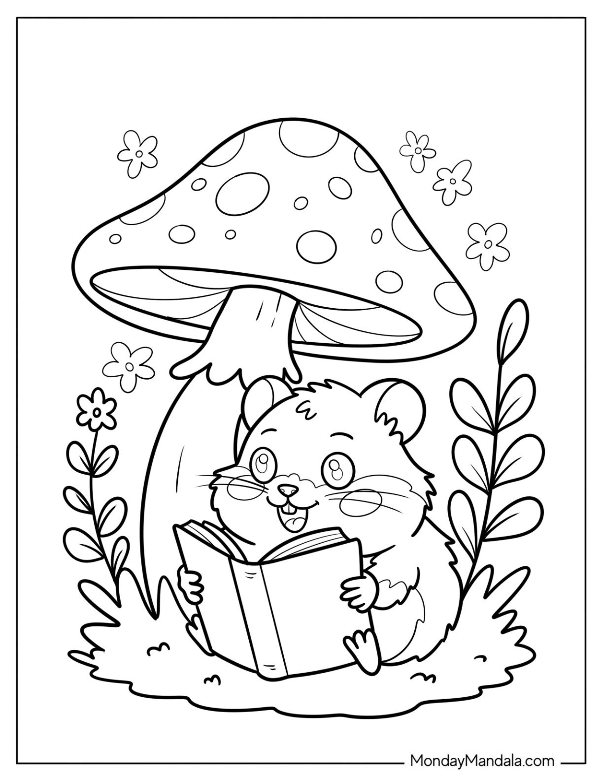 Hamster Coloring Page Reading a Book Under a Giant Mushroom in a Flower Garden for Kids