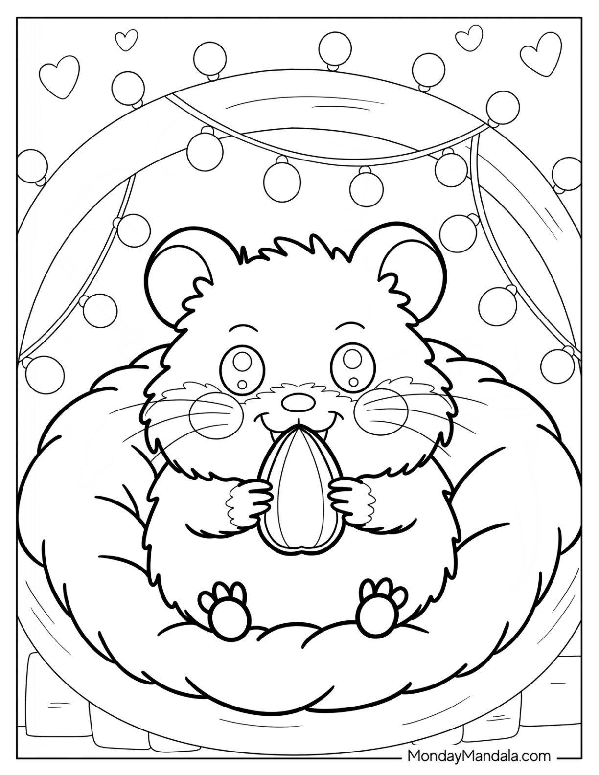 Hamster Coloring Page Relaxing Inside a Glowing Tent with Cushions and Hanging Lights