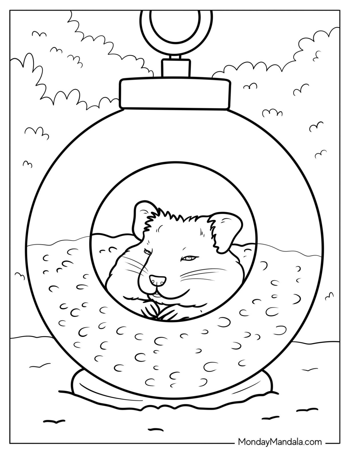 Hamster Coloring Page Resting Inside a Hanging Bauble Full of Cozy Bedding