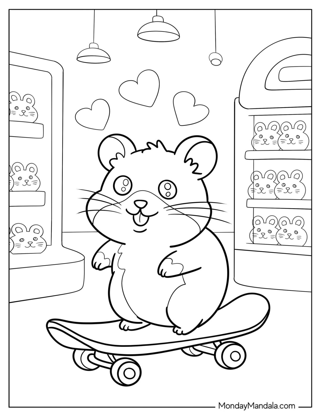 Hamster Coloring Page Riding a Skateboard Inside a Toy Store Full of Plushies