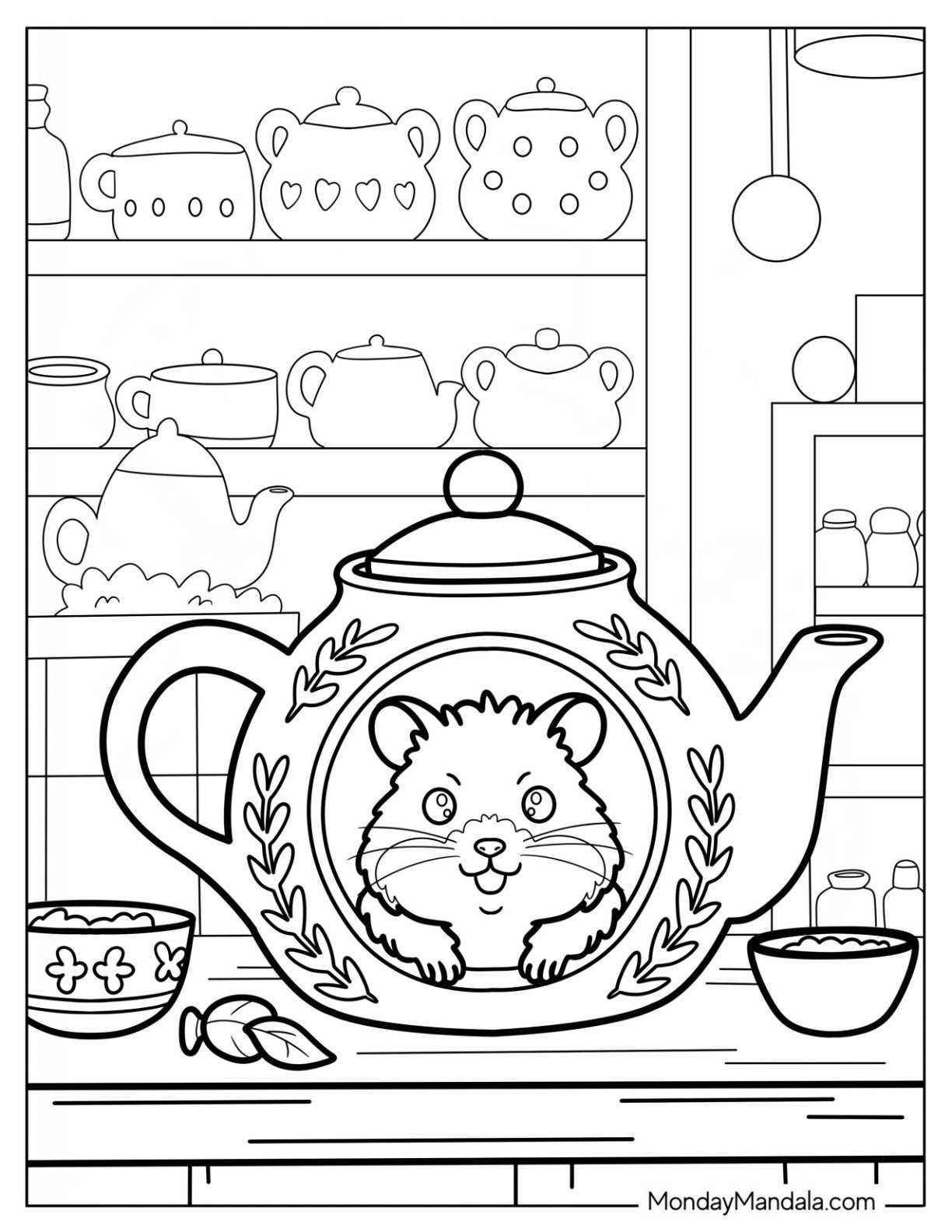 Hamster Coloring Page Sitting Inside a Teapot Surrounded by Teacups and Kitchen Shelves