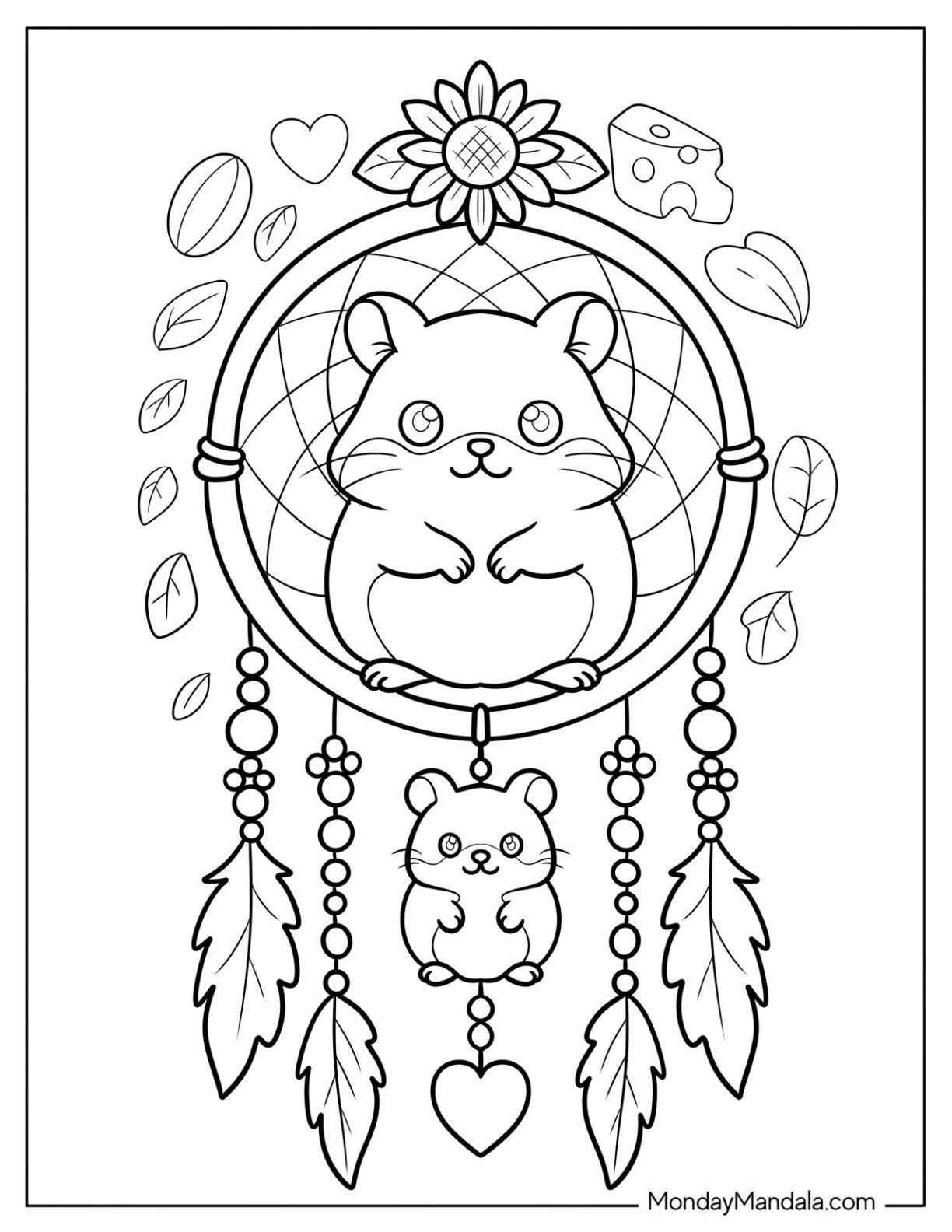 Hamster Coloring Page Sitting in a Dreamcatcher with Feathers, Leaves, and Charms Coloring Sheet