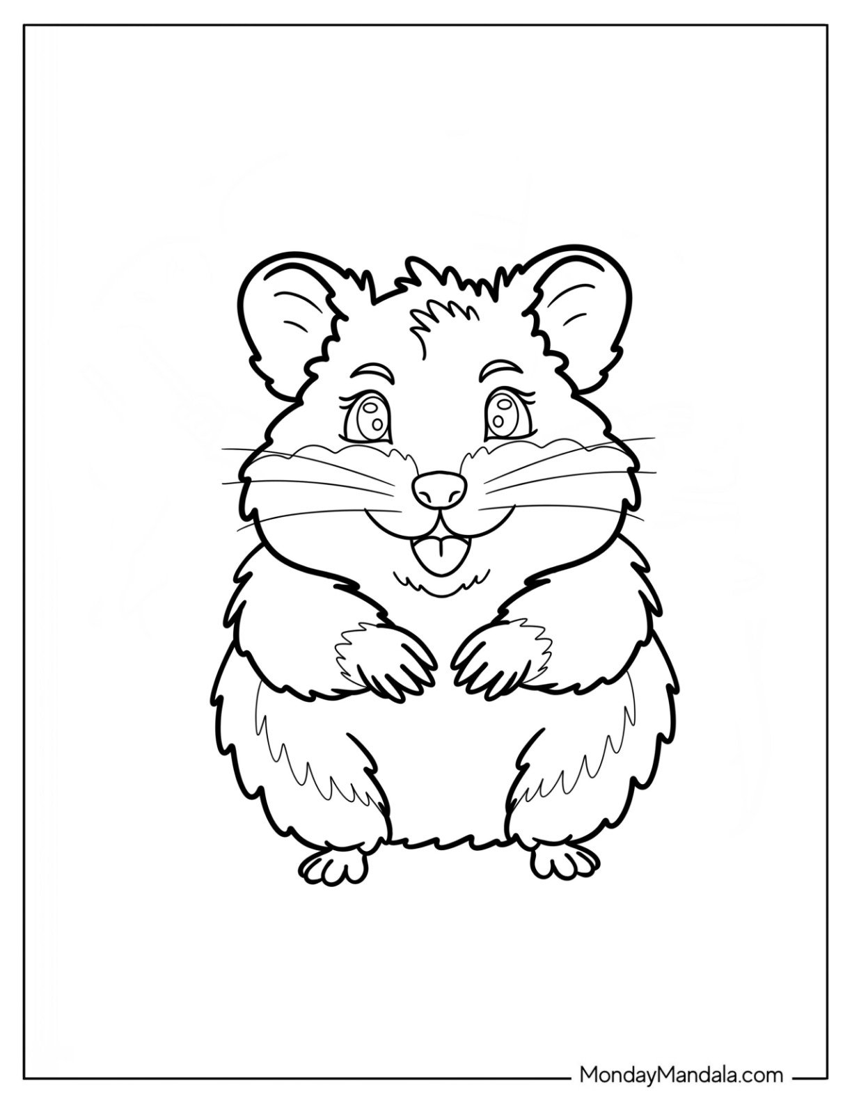 Hamster Coloring Page Standing Upright with a Big Smile and Fluffy Fur for Preschoolers