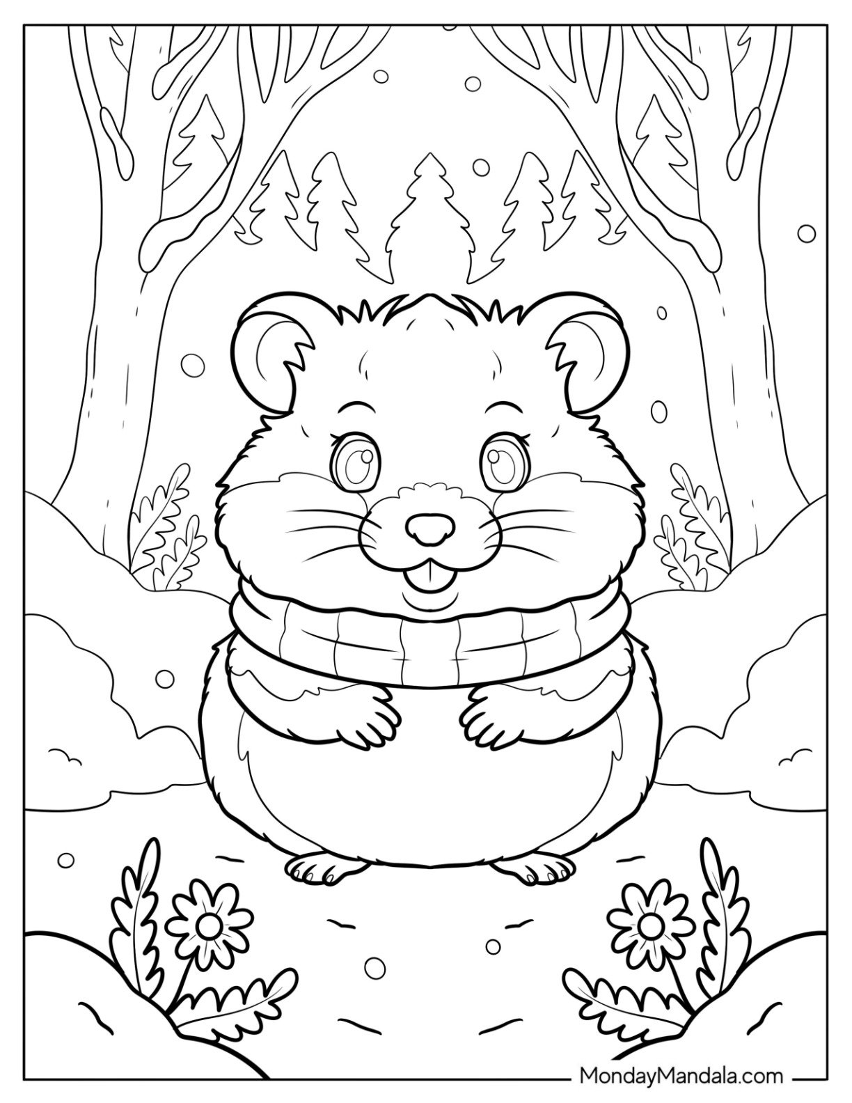 Hamster Coloring Page Standing in a Snowy Forest Wearing a Cozy Scarf for Kids