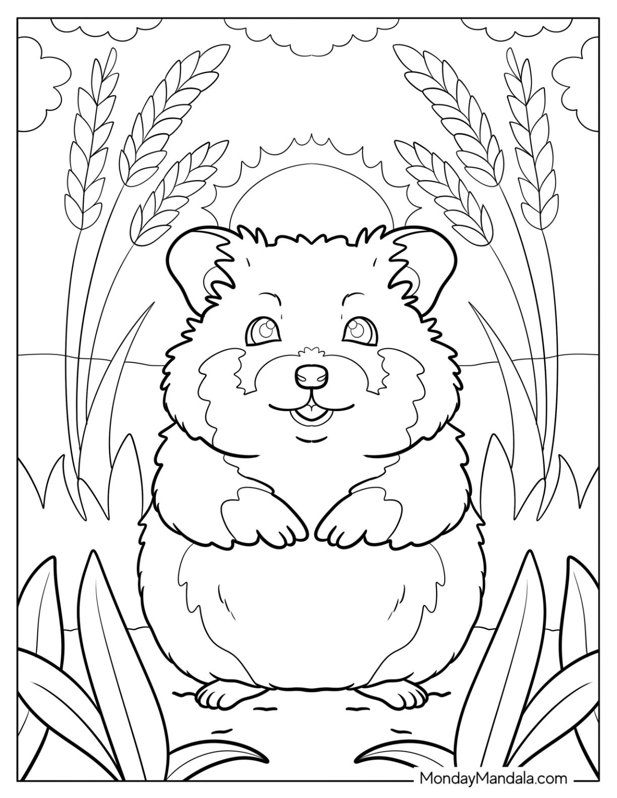 Hamster Coloring Page Standing in a Wheat Field at Sunrise Surrounded by Tall Grass