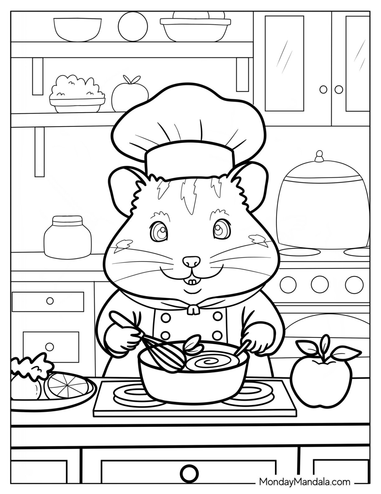 Hamster Coloring Page Stirring Soup in a Warm Kitchen While Wearing a Chef Hat