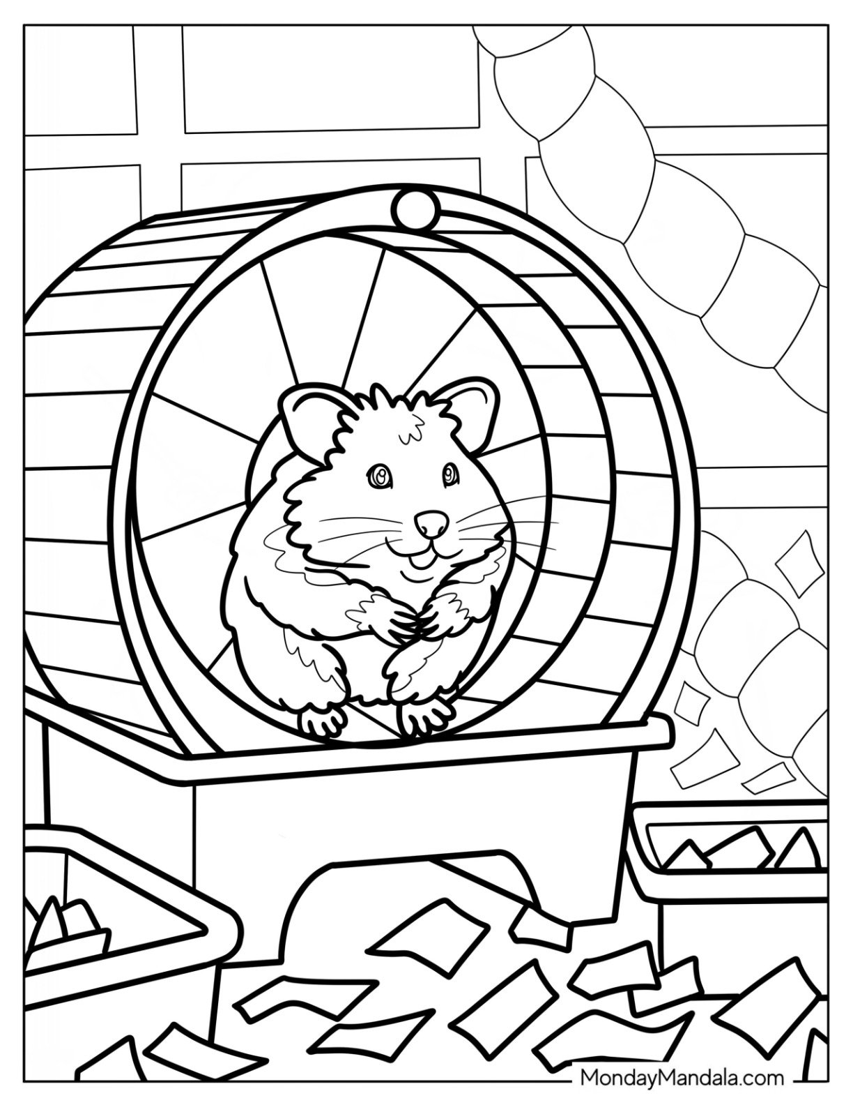 Hamster Coloring Page Taking a Break in Its Spinning Wheel Surrounded by Shredded Paper