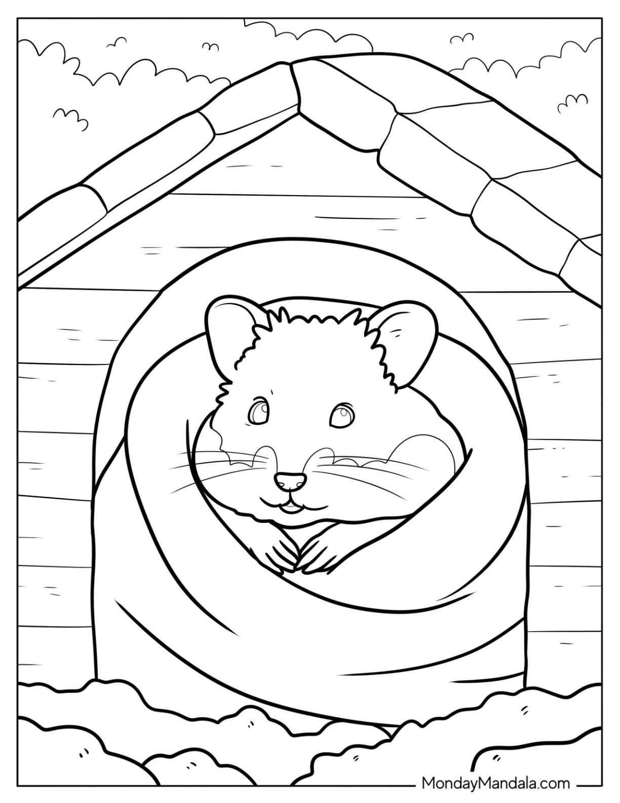 Hamster Coloring Page Wrapped in a Blanket Inside a Cozy Cabin with Fluffy Bedding for Kids