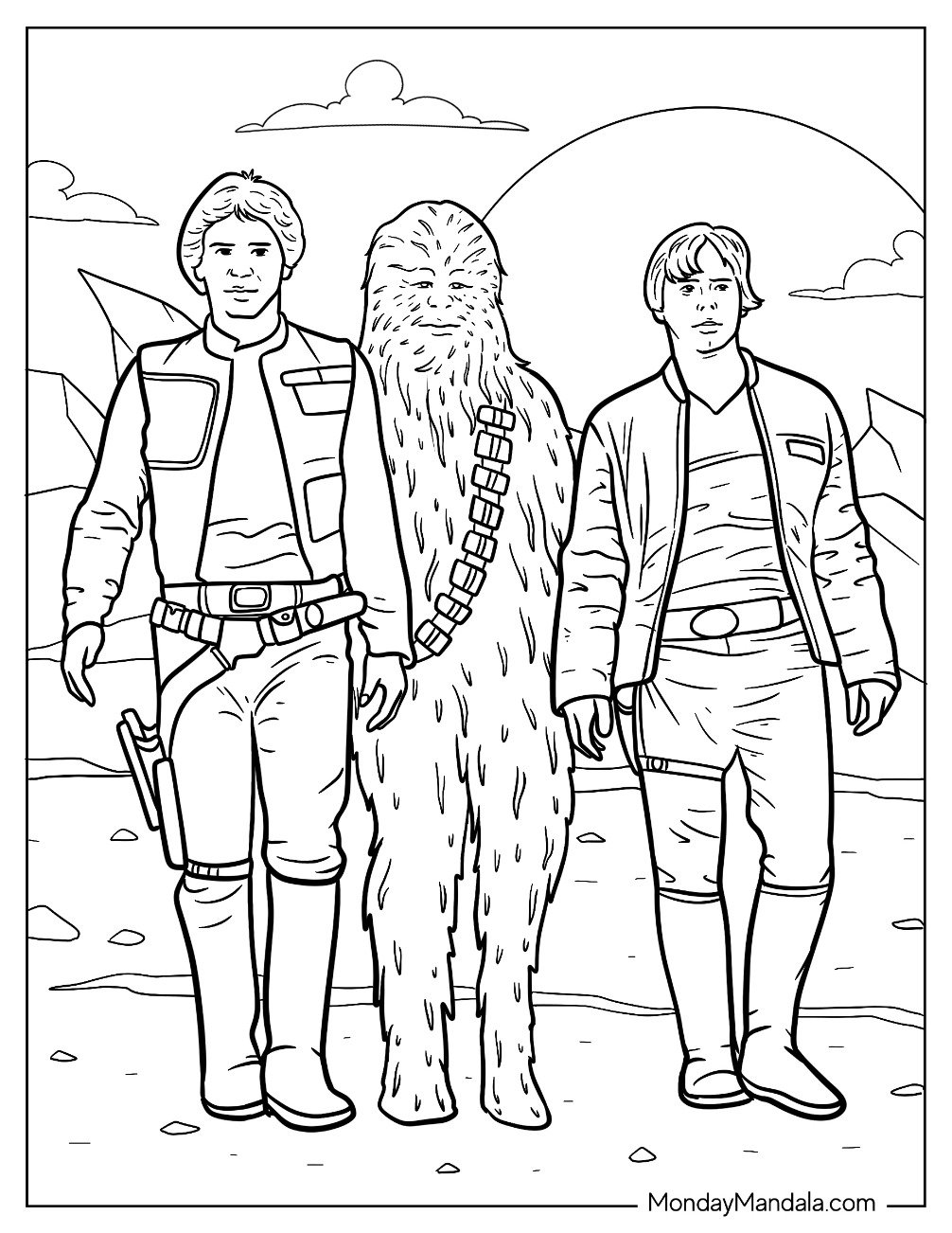 Han Solo, Chewbacca, And Luke Skywalker Coloring Page