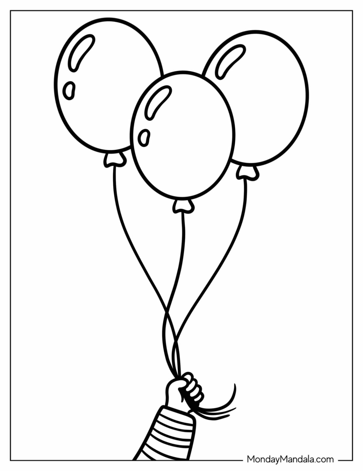 Hand Holding Three Balloons Coloring Page