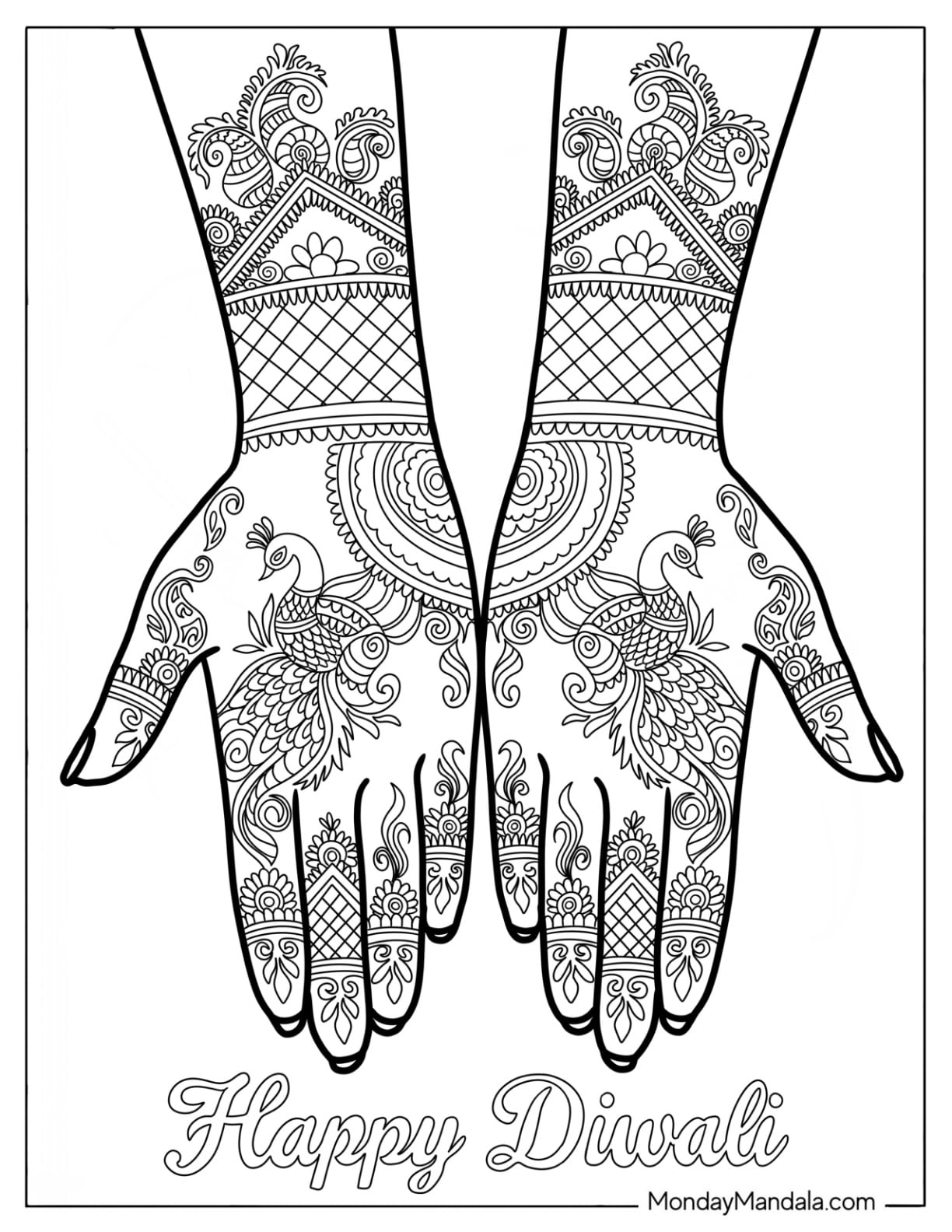 Hands with Henna Mehndi Designs for Diwali Coloring Page