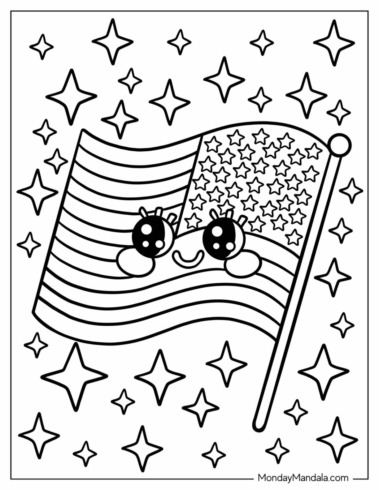Happy American Flag with Sparkling Stars 4th of July Coloring Page for Kids