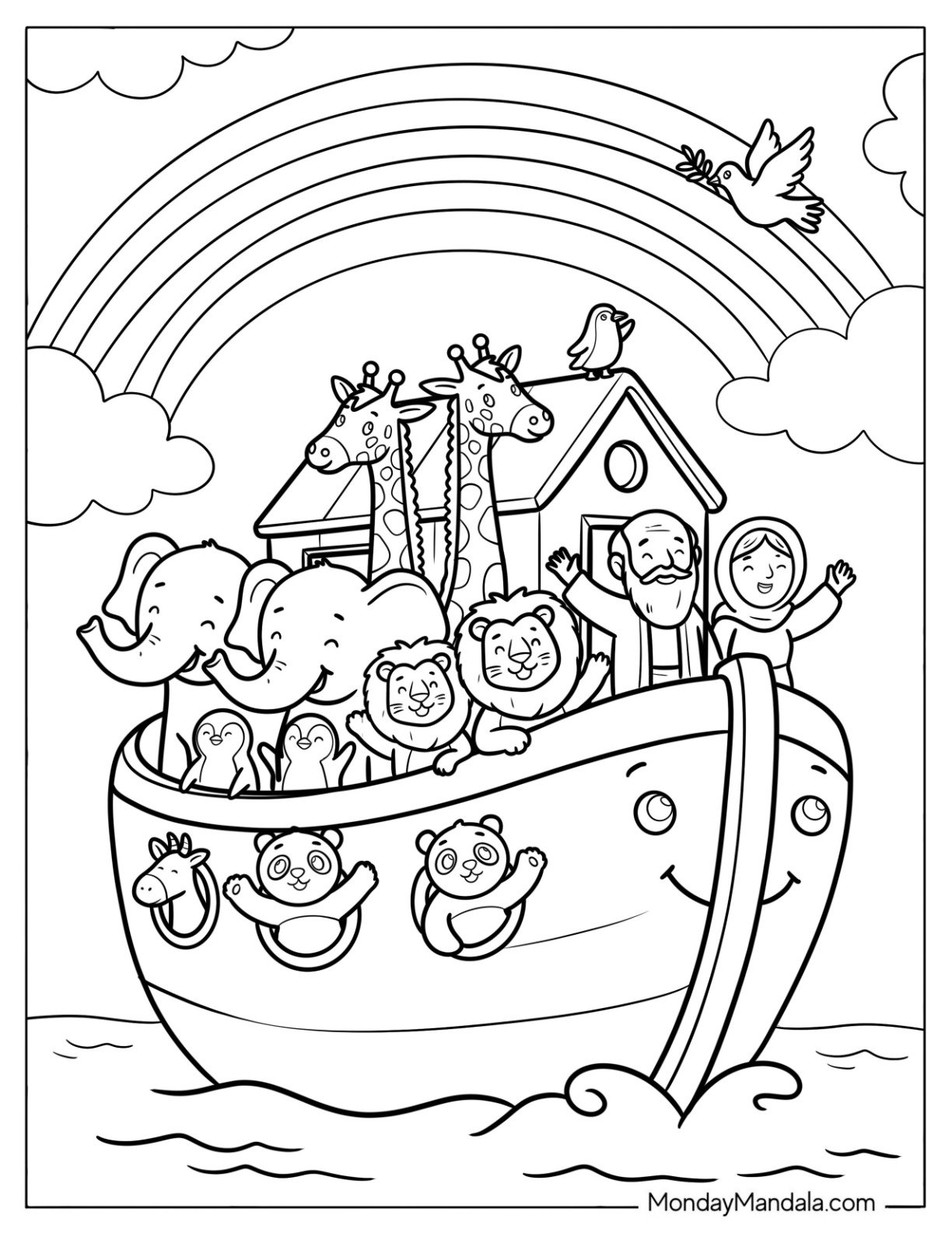Happy Animals and Noah's Ark Coloring Page Waving from the Ark for Kids