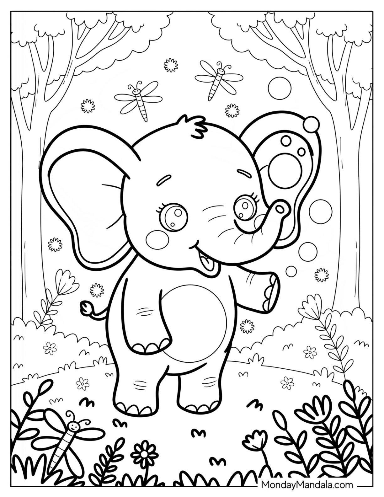 Happy Baby Elephant Coloring Page Surrounded by Bubbles in a Forest for Kids