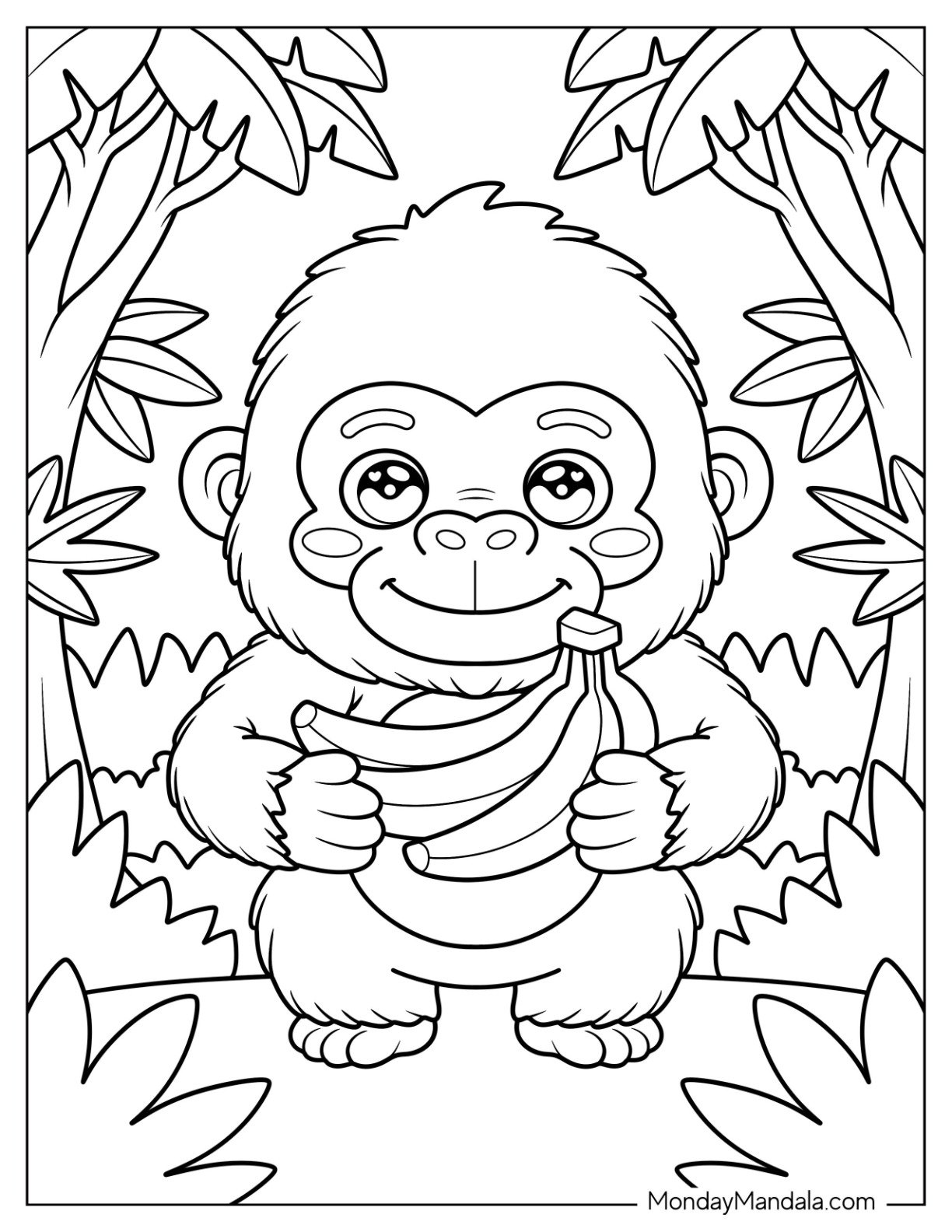 Happy Baby Gorilla Coloring Page Holding a Bunch of Bananas for Preschoolers