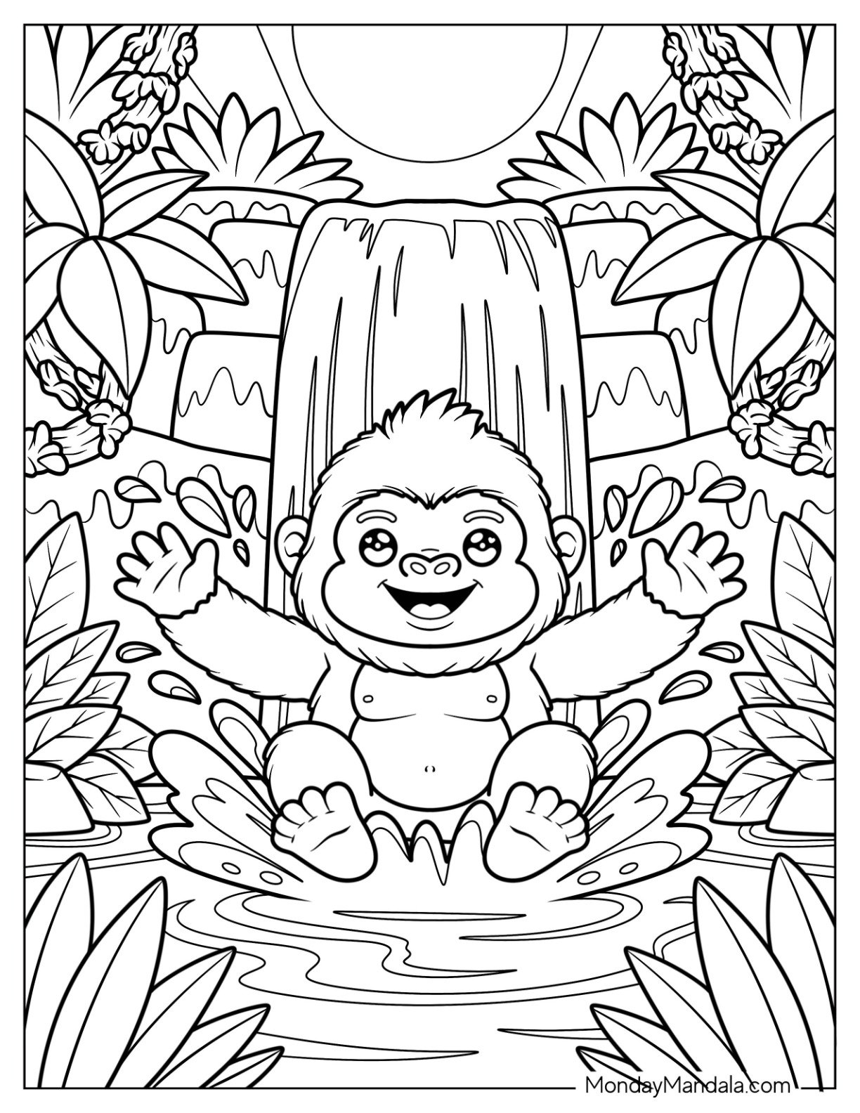 Happy Baby Gorilla Coloring Page Playing in a Jungle Waterfall