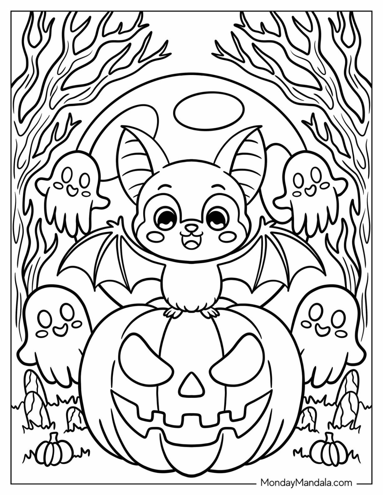 Happy Bat Coloring Page on a Jack O Lantern with Tiny Ghosts for Kids