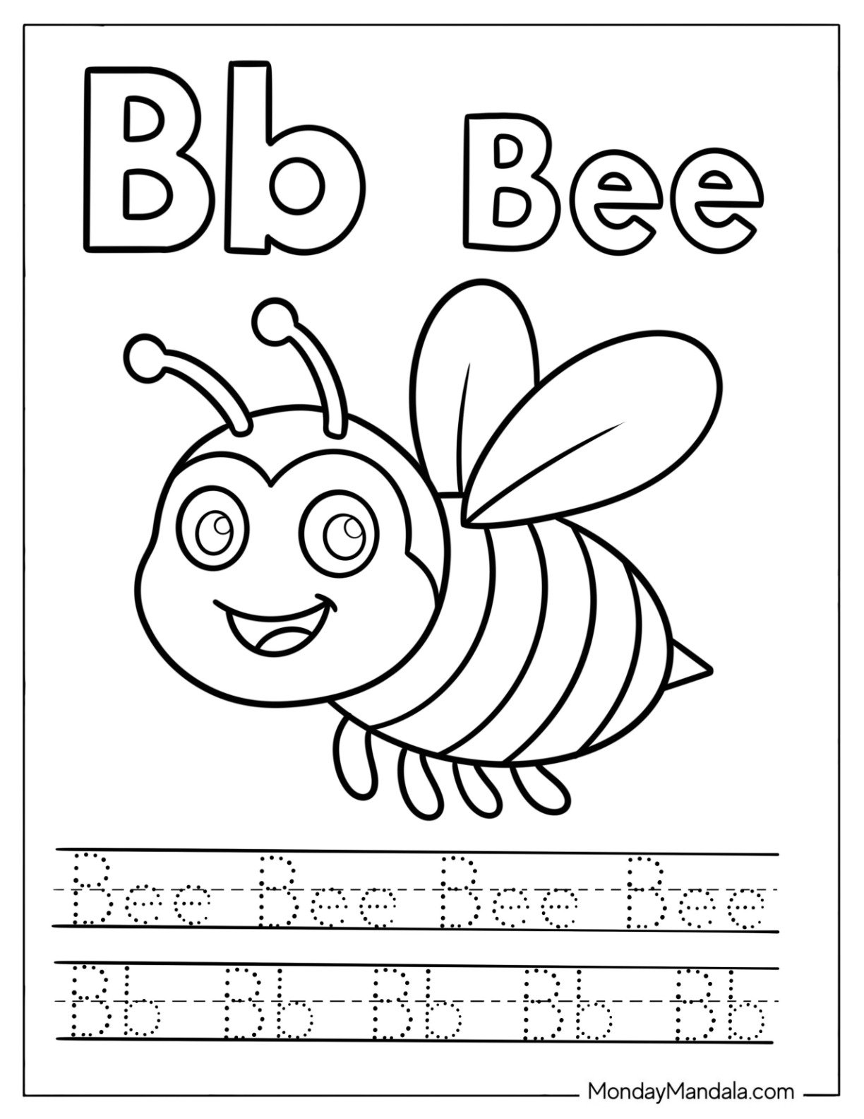 Happy Bee for Letter B Coloring Page with Traceable Words