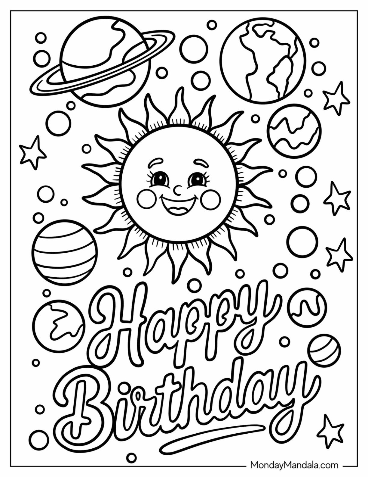 Happy Birthday Coloring Page Script in the Solar System with Smiling Sun