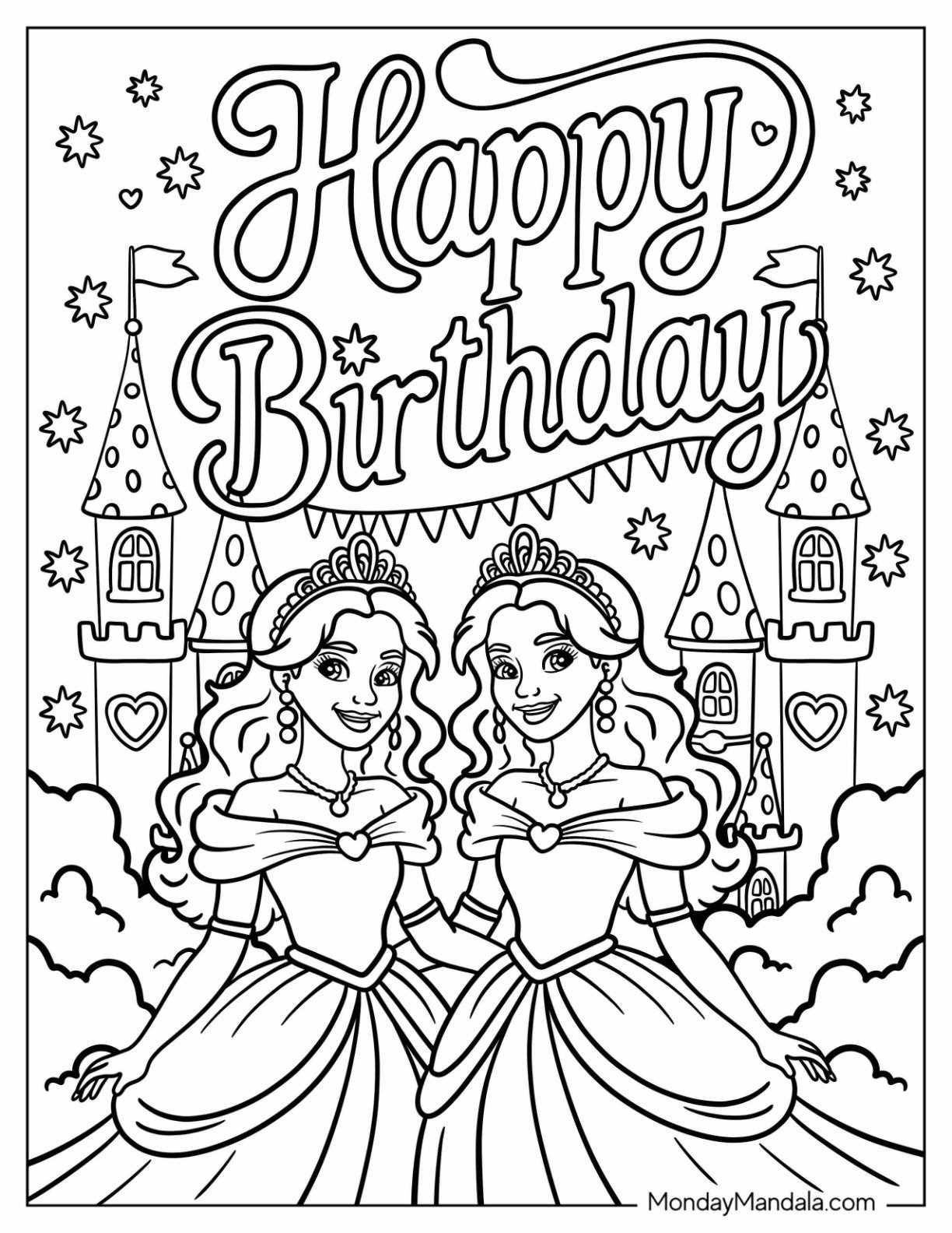 Happy Birthday Coloring Page Text Above Two Princesses and a Castle