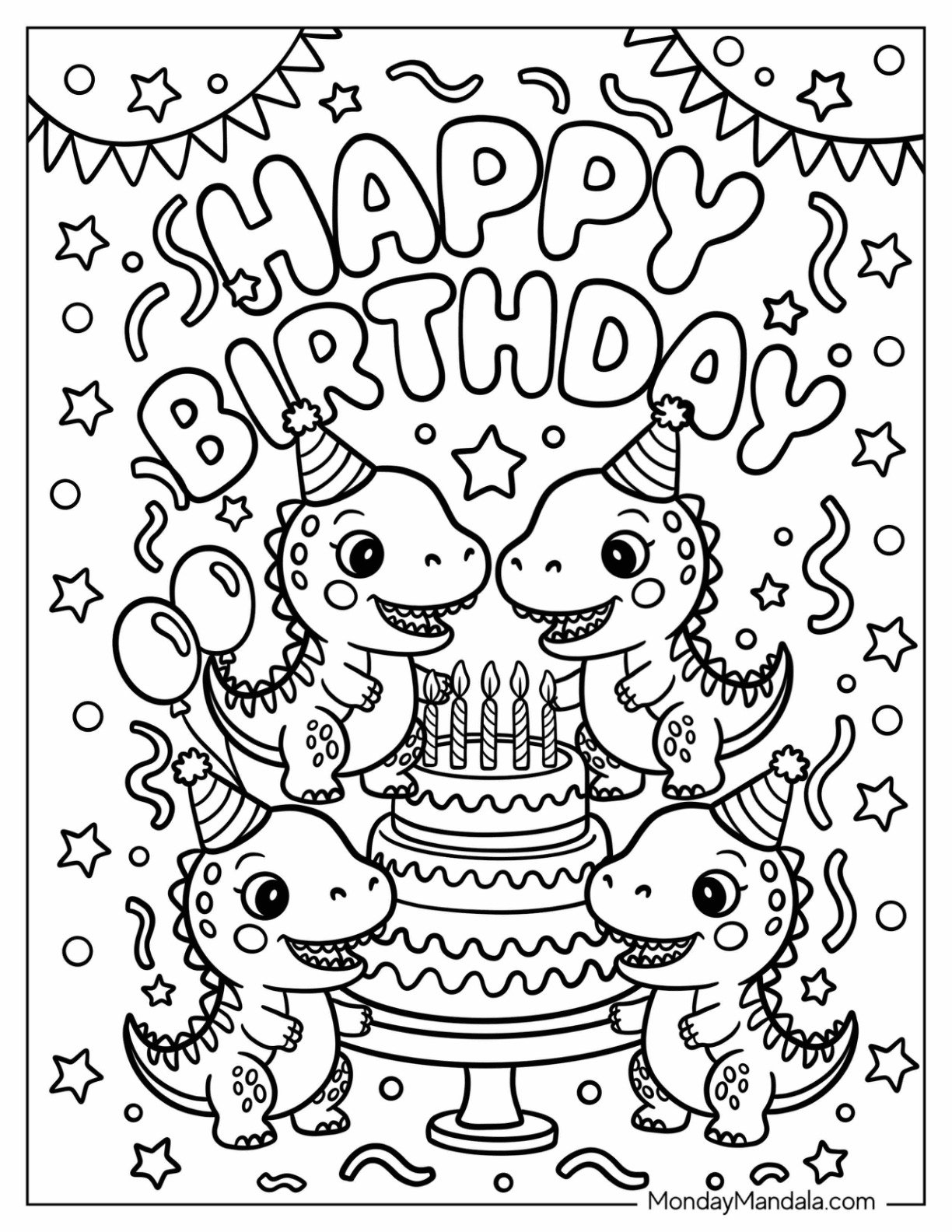 Happy Birthday Coloring Page with Chibi Dinosaurs and a Large Cake