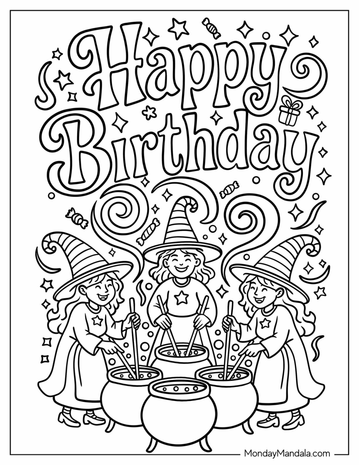 Happy Birthday Coloring Page with Laughing Witches Stirring Cauldrons