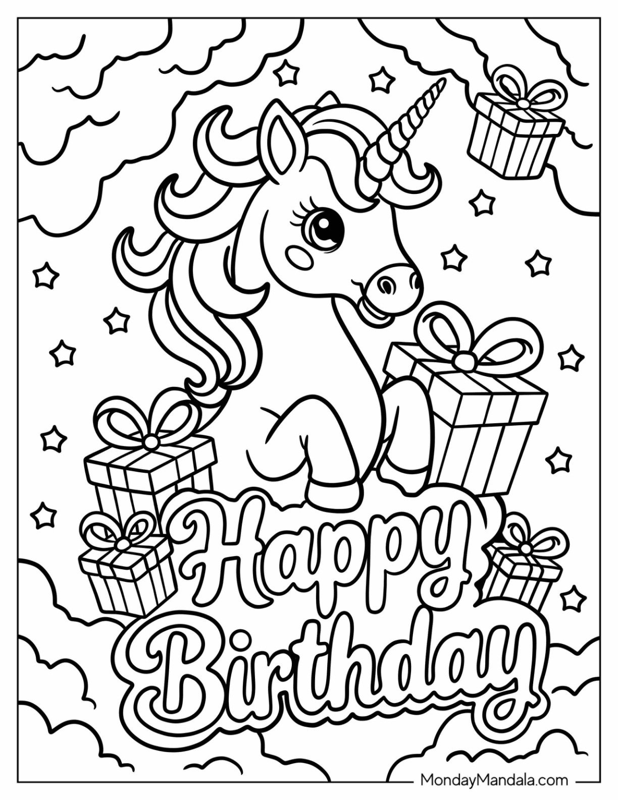 Happy Birthday with Unicorn and Presents in the Sky Coloring Sheet for Preschoolers