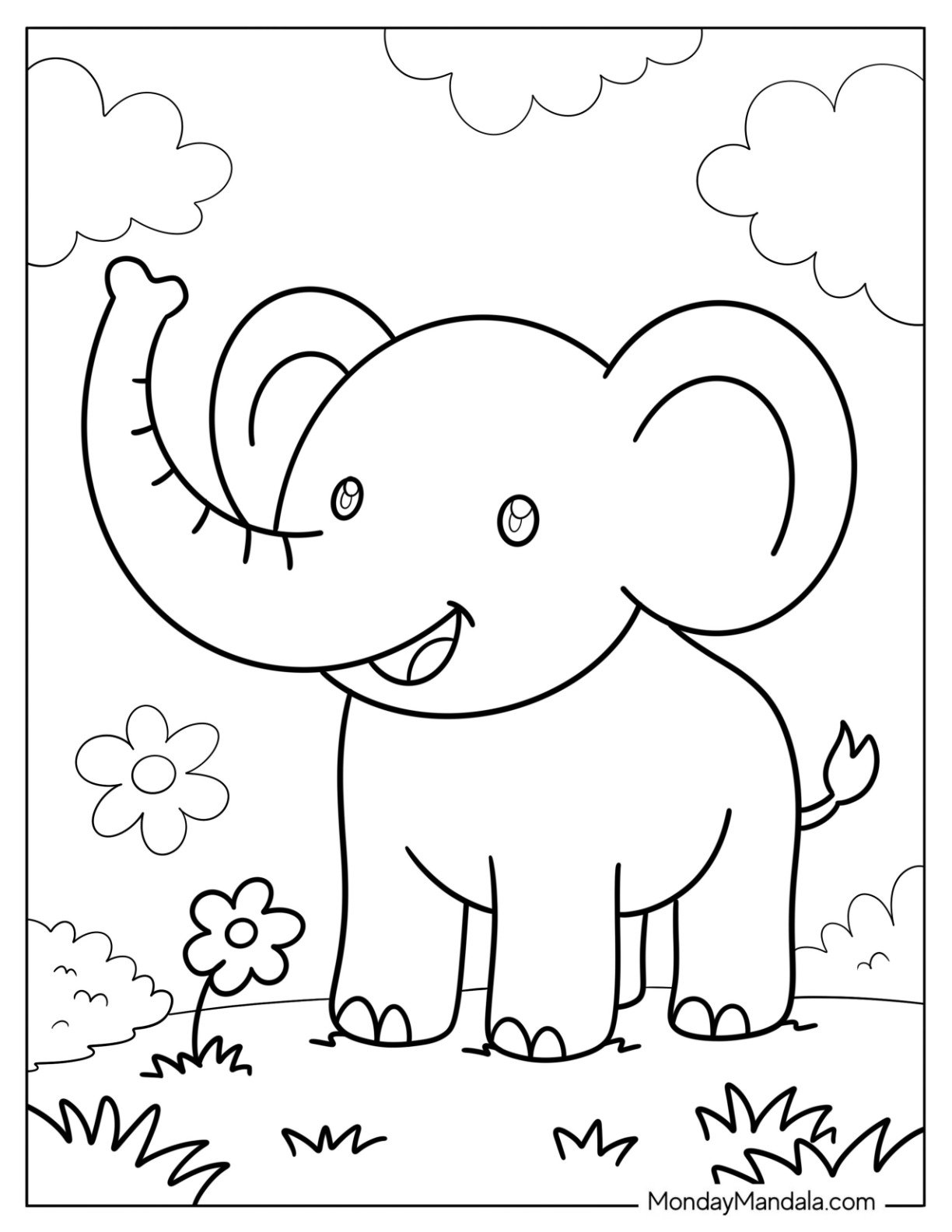 Happy Cartoon Elephant Coloring Page in a Flower Field for Kids