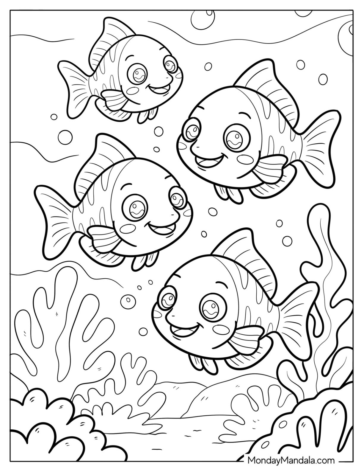 Fish Coloring Page of Happy Cartoon Fish Swimming in the Ocean for Kids