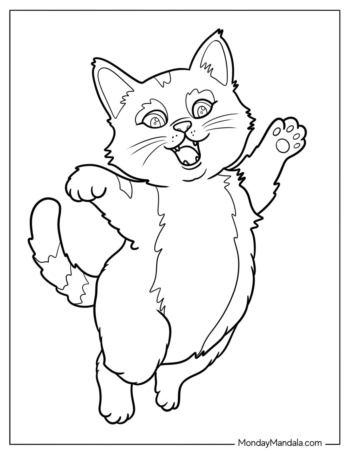 Happy Cat Coloring Page Dancing with Paws Up for Kids