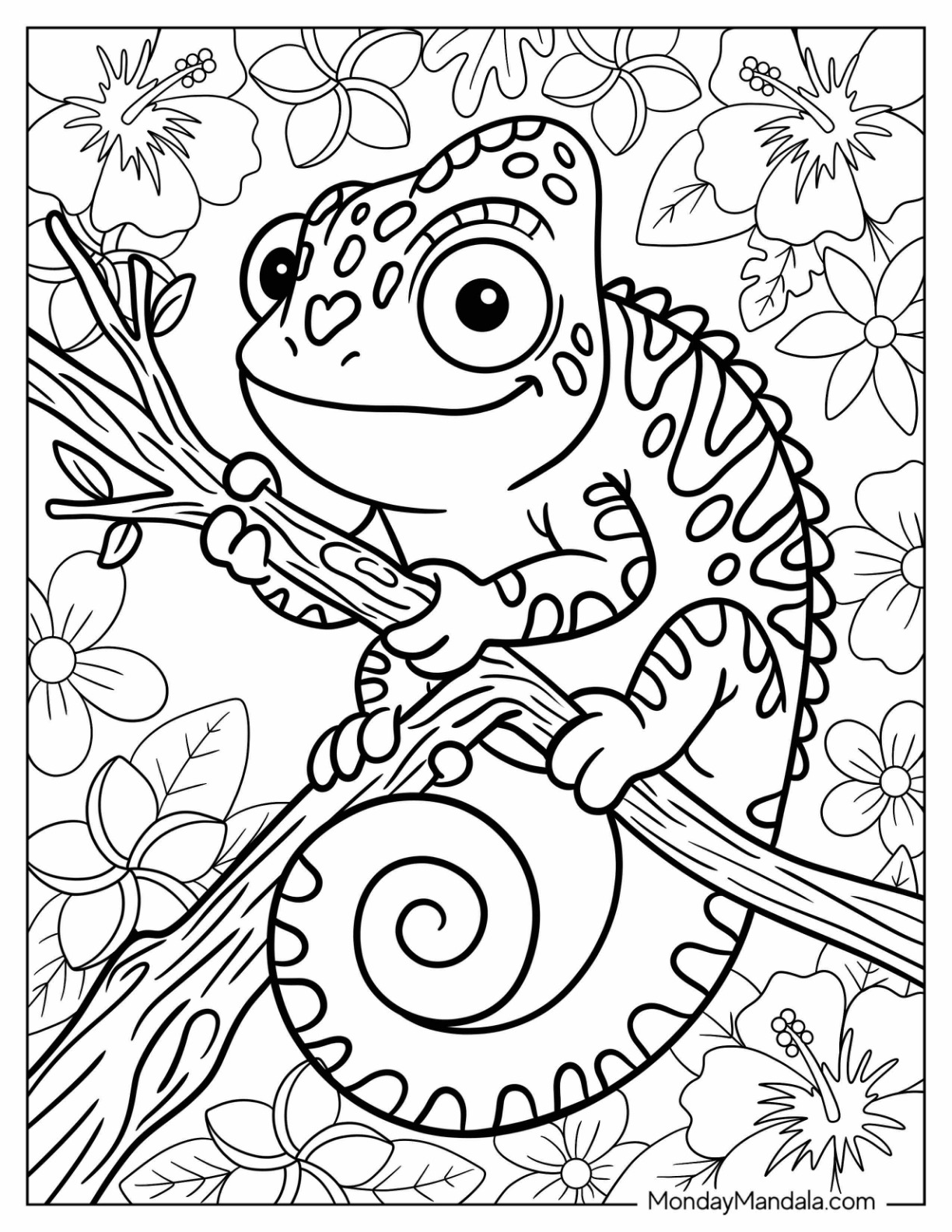 Happy Chameleon Sitting on a Tree Branch Among Flowers Coloring Page for Kids