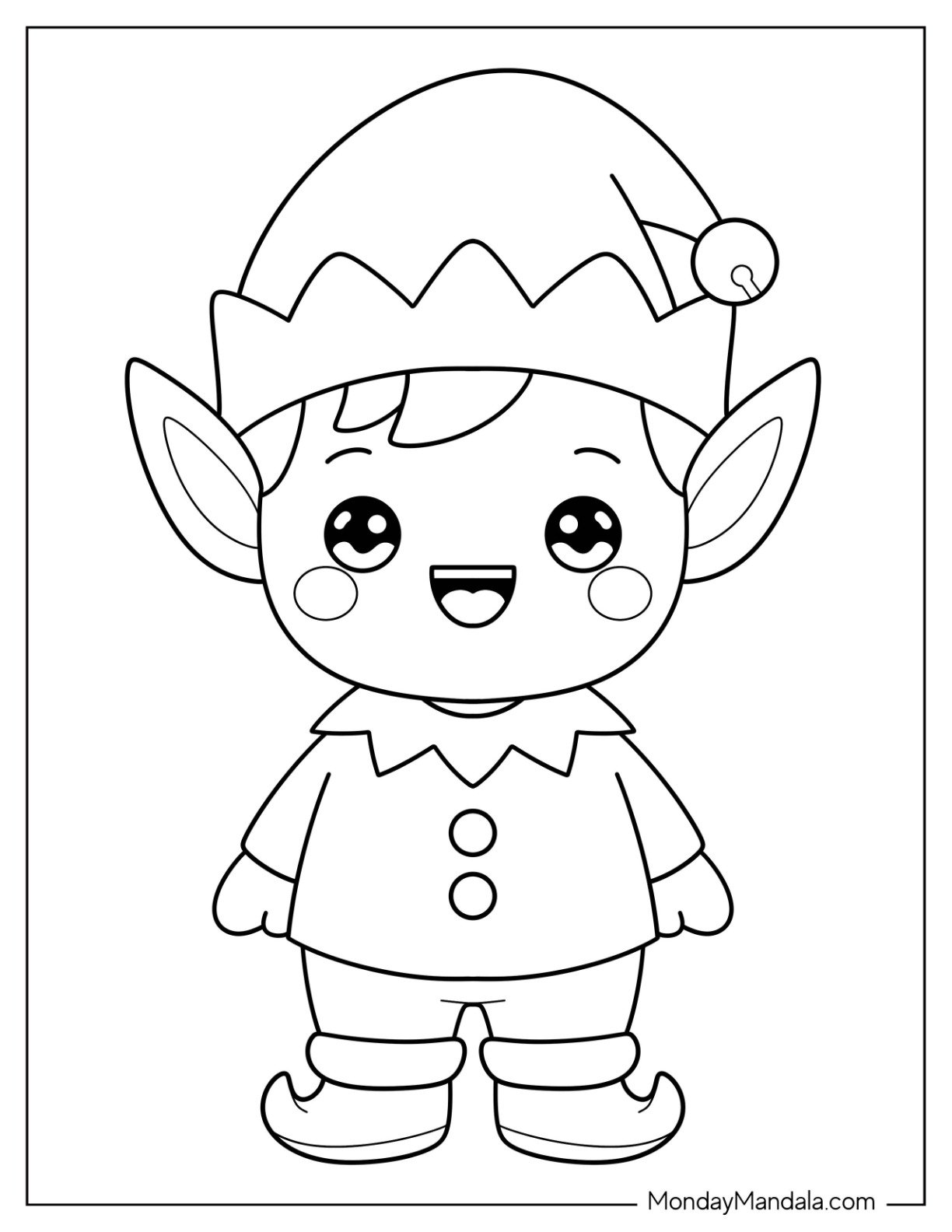 Happy Christmas Elf Coloring Page With Jester Hat And Pointy Shoes For Preschoolers