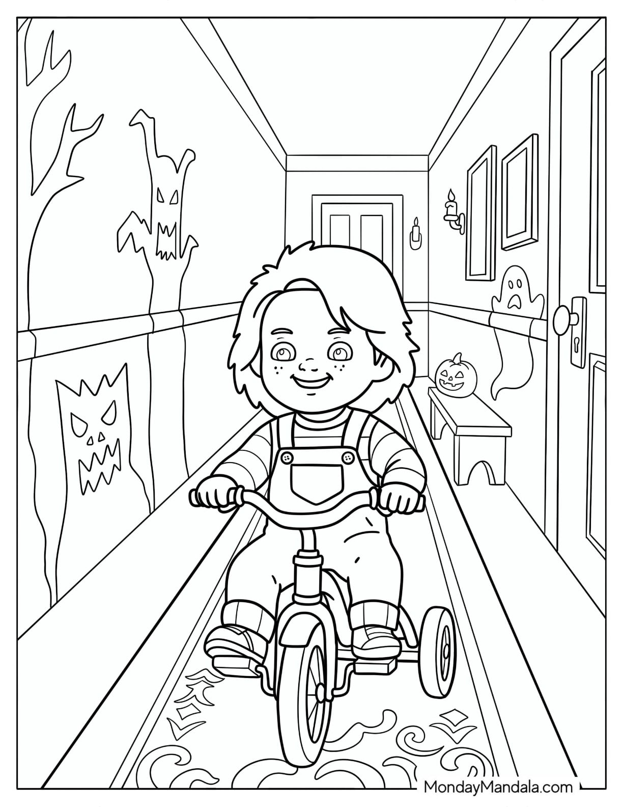 Happy Chucky Coloring Page Riding a Bicycle in a Corridor