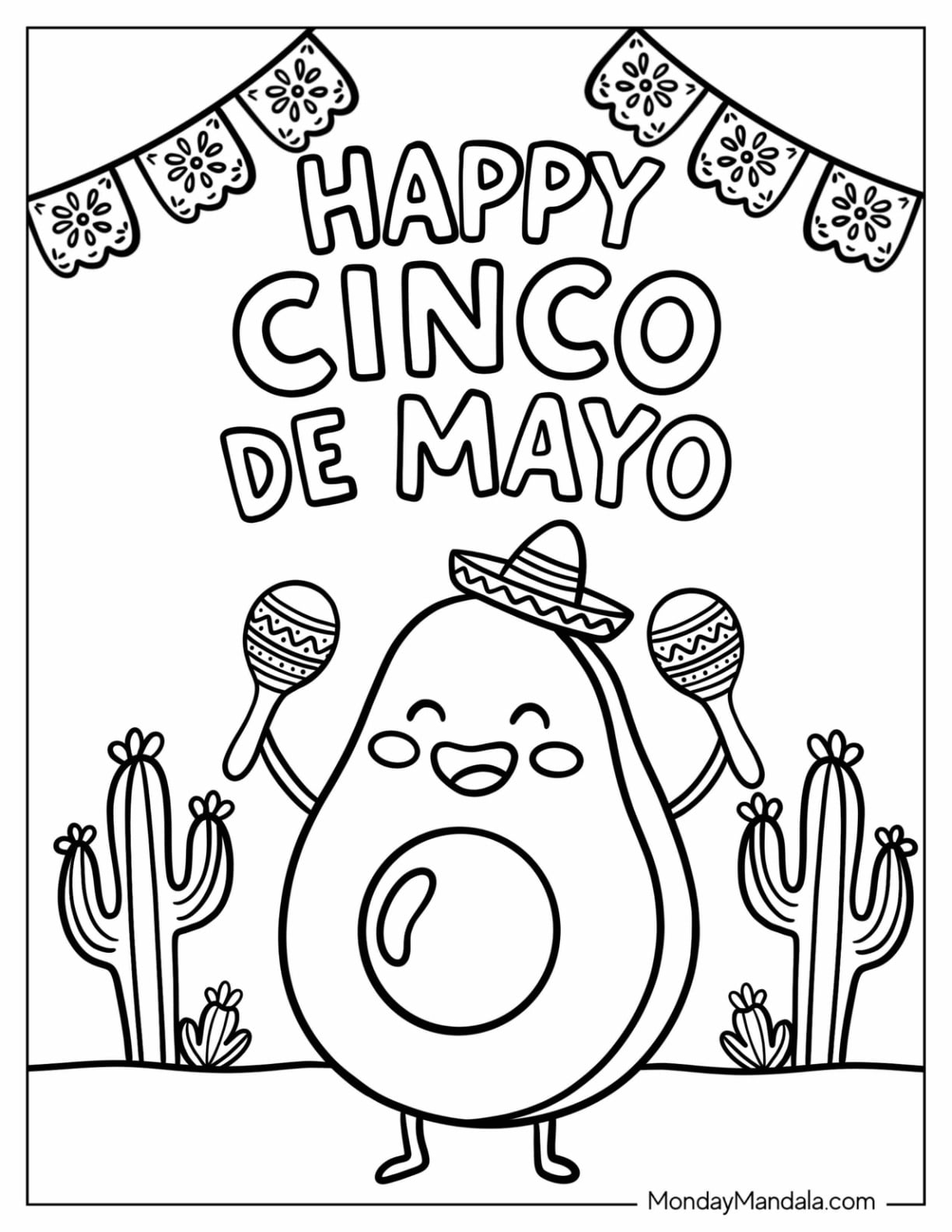 Happy Cinco de Mayo Avocado with Maracas Coloring Page for Kids