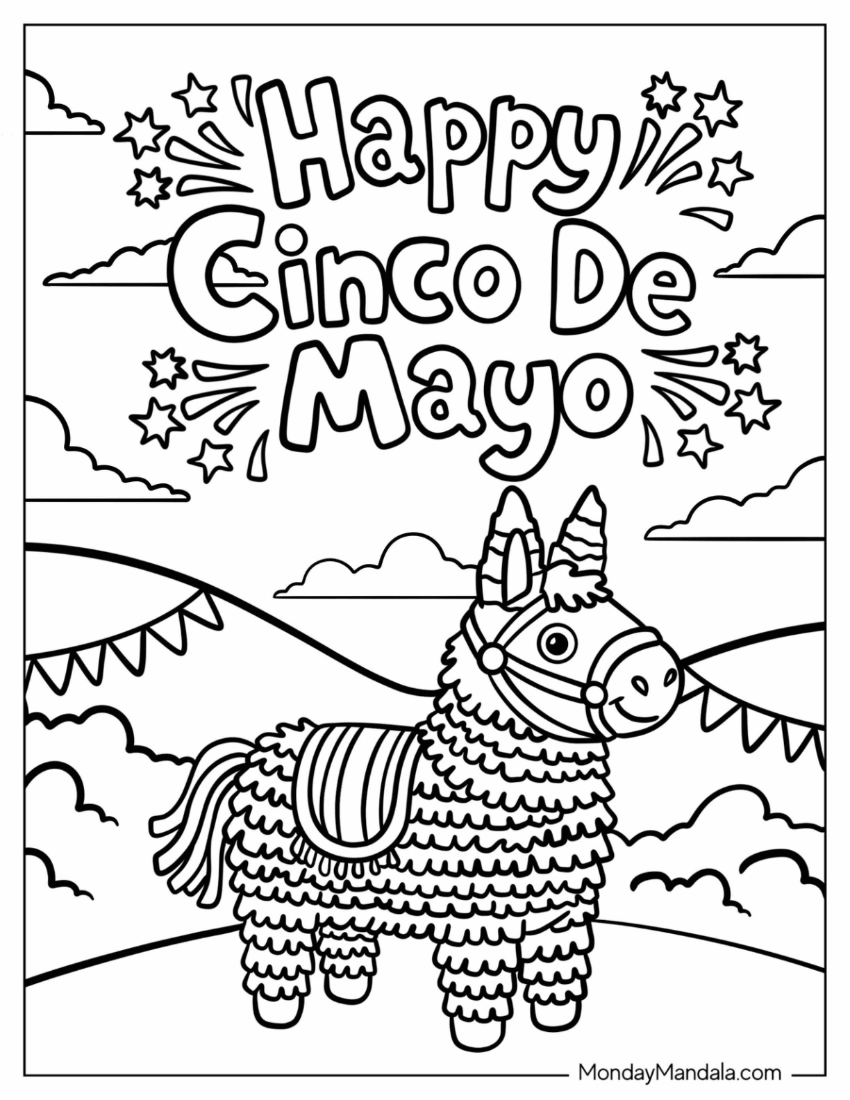 Happy Cinco de Mayo Piñata Donkey Coloring Sheet