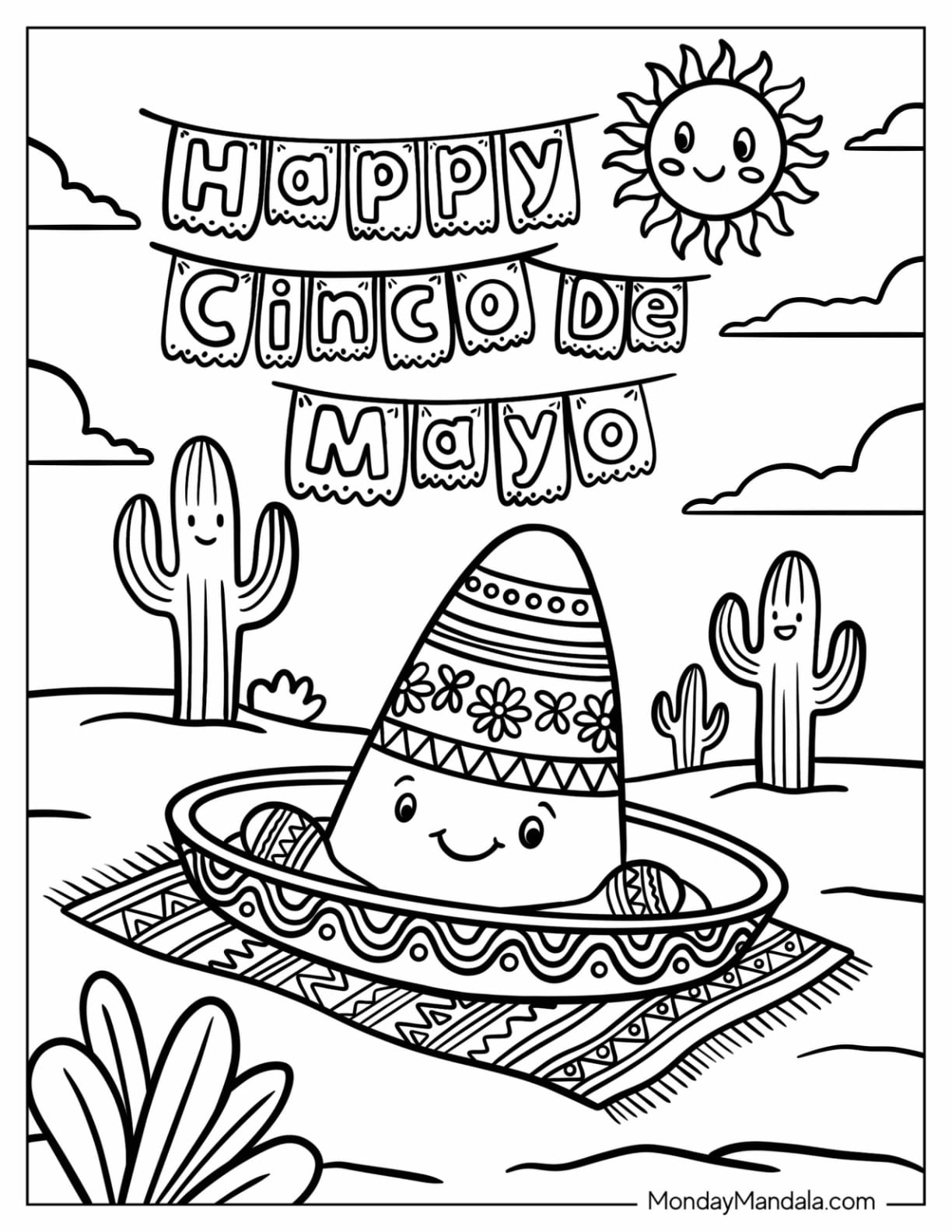 Happy Cinco de Mayo Sombrero in the Desert Coloring Page