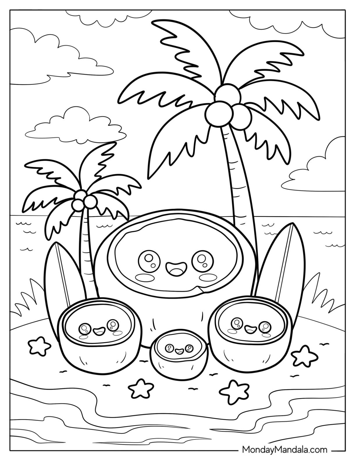 Happy Coconut Family on Tropical Island Beach with Palm Trees and Surfboards Coloring Page for Kids