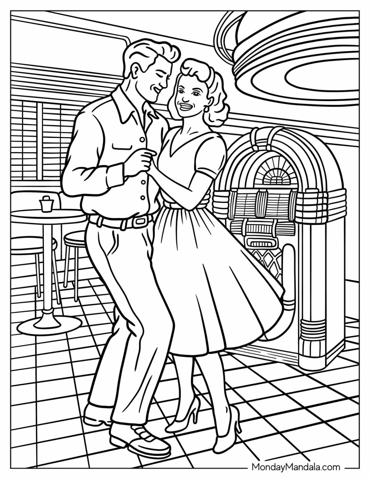 Vintage Coloring Page of Happy Couple Swing Dancing at Diner with Jukebox
