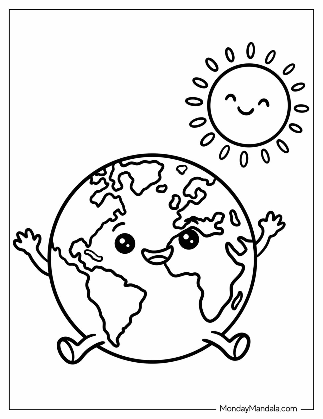 Happy Earth Sitting Beneath a Shining Sun Coloring Page for Preschoolers