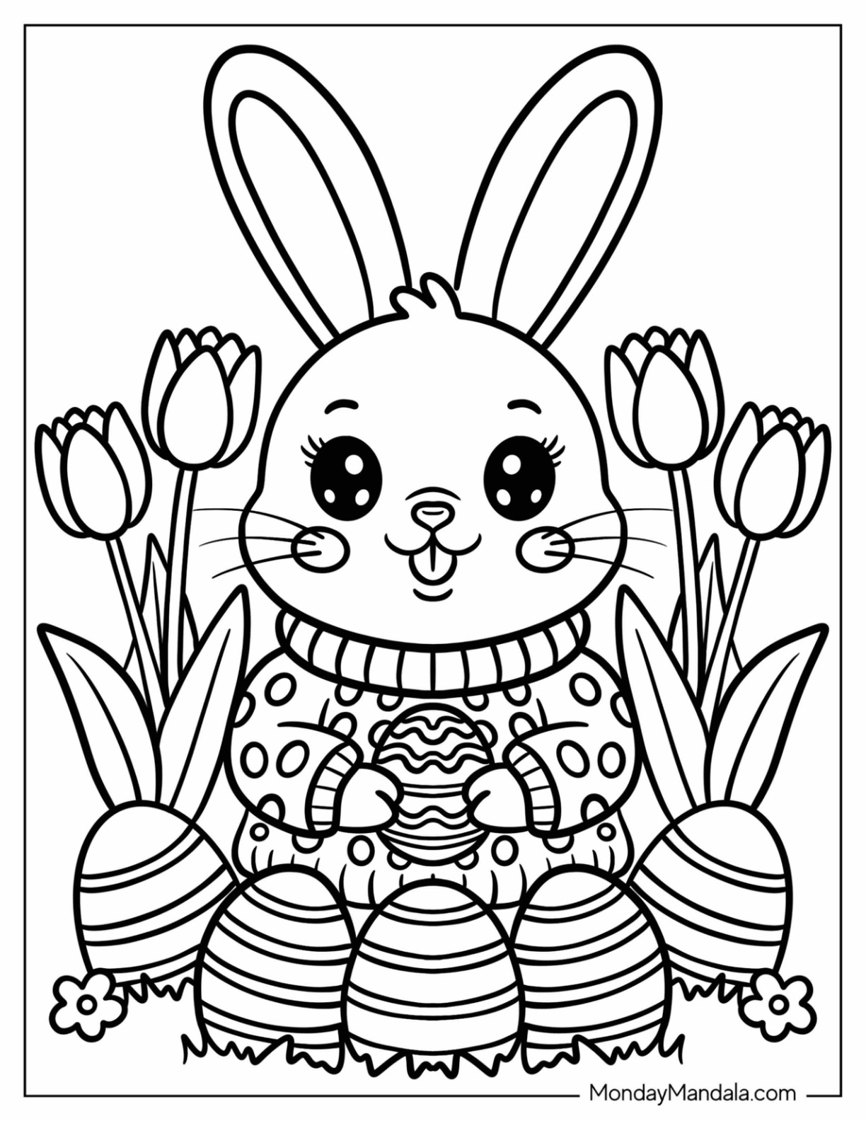 Happy Easter Bunny Coloring Page Surrounded by Tulips and Decorated Eggs for Kids