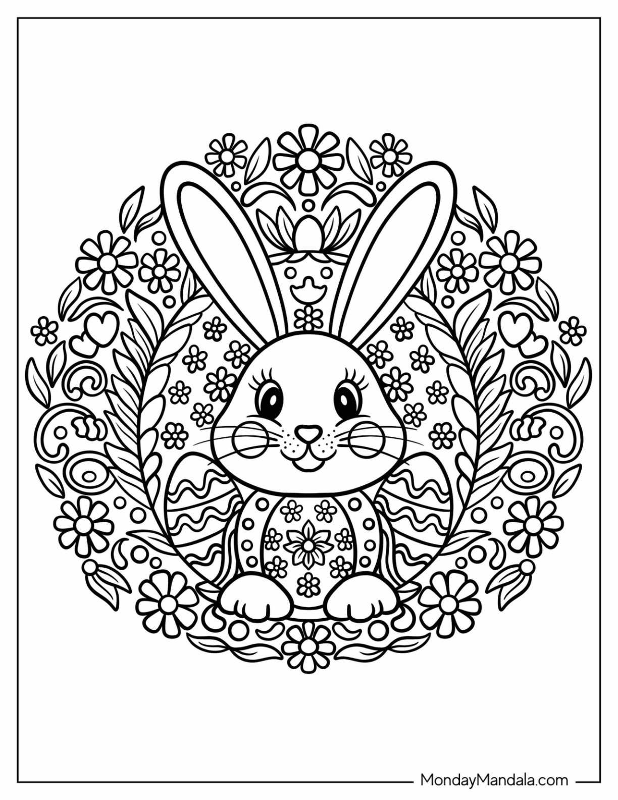 Happy Easter Coloring Page of Bunny in an Easter Egg Mandala