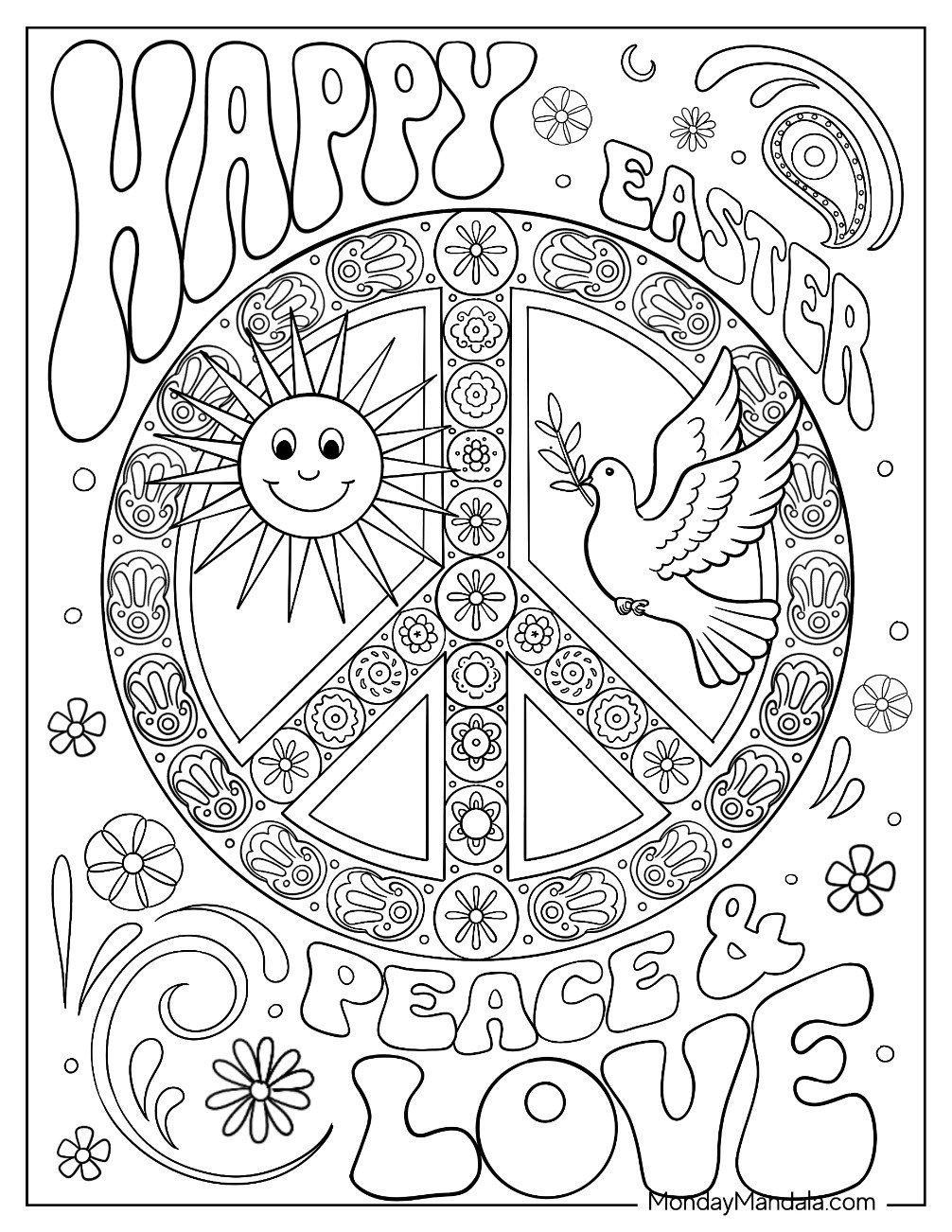 Easter For Adults Coloring Page of Happy Easter Text with Peace Symbol