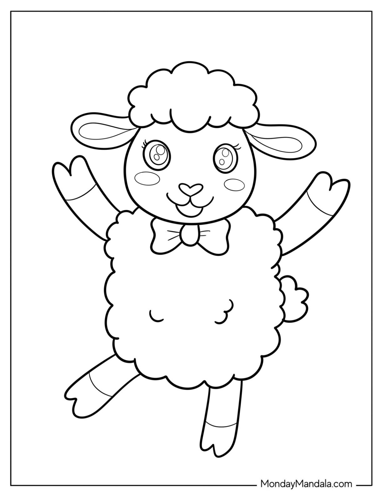 Happy Fluffy Sheep Coloring Page Wearing a Bow for Preschoolers