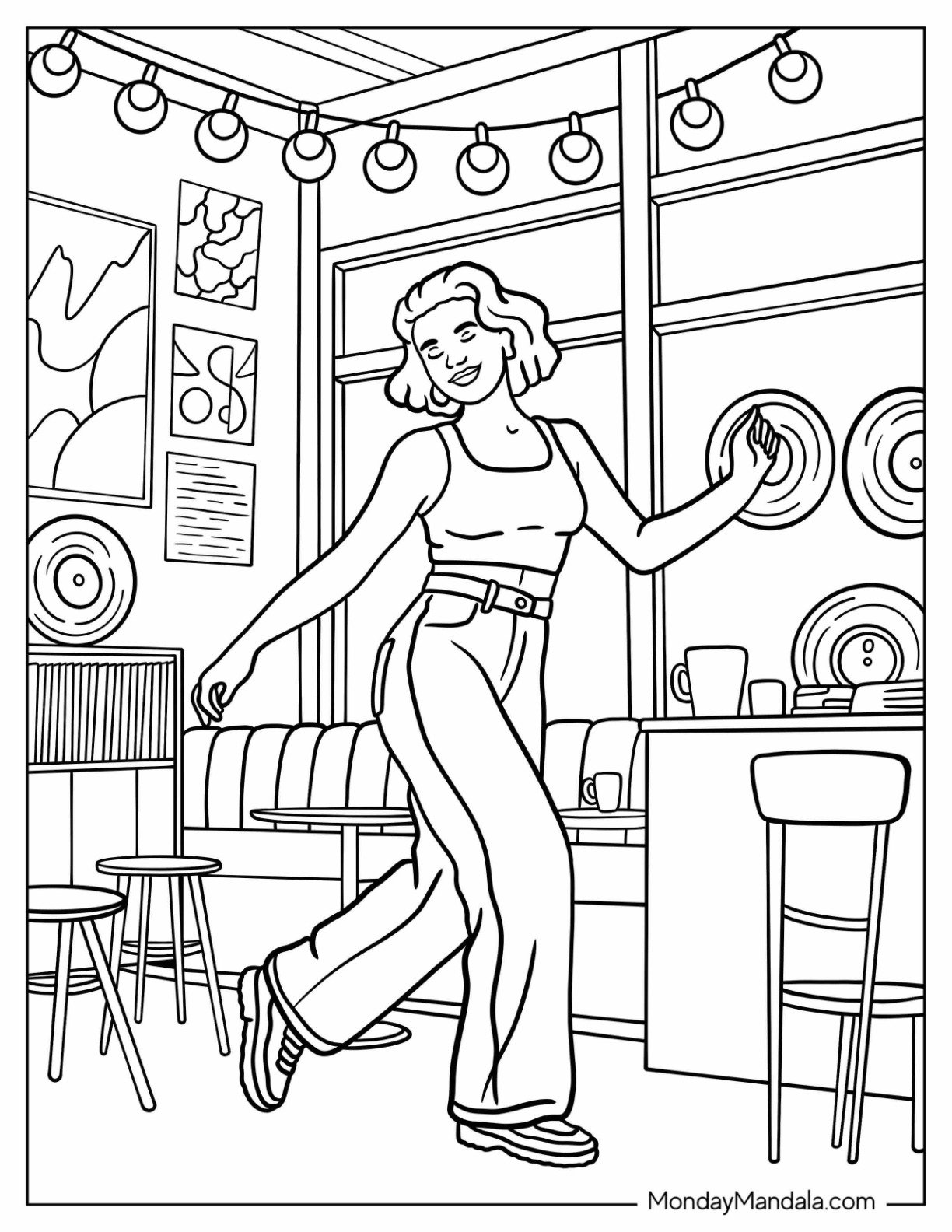Dancing Coloring Page of Happy Freestyle Dancer Moving to the Beat Inside a Stylish Café with Retro Décor