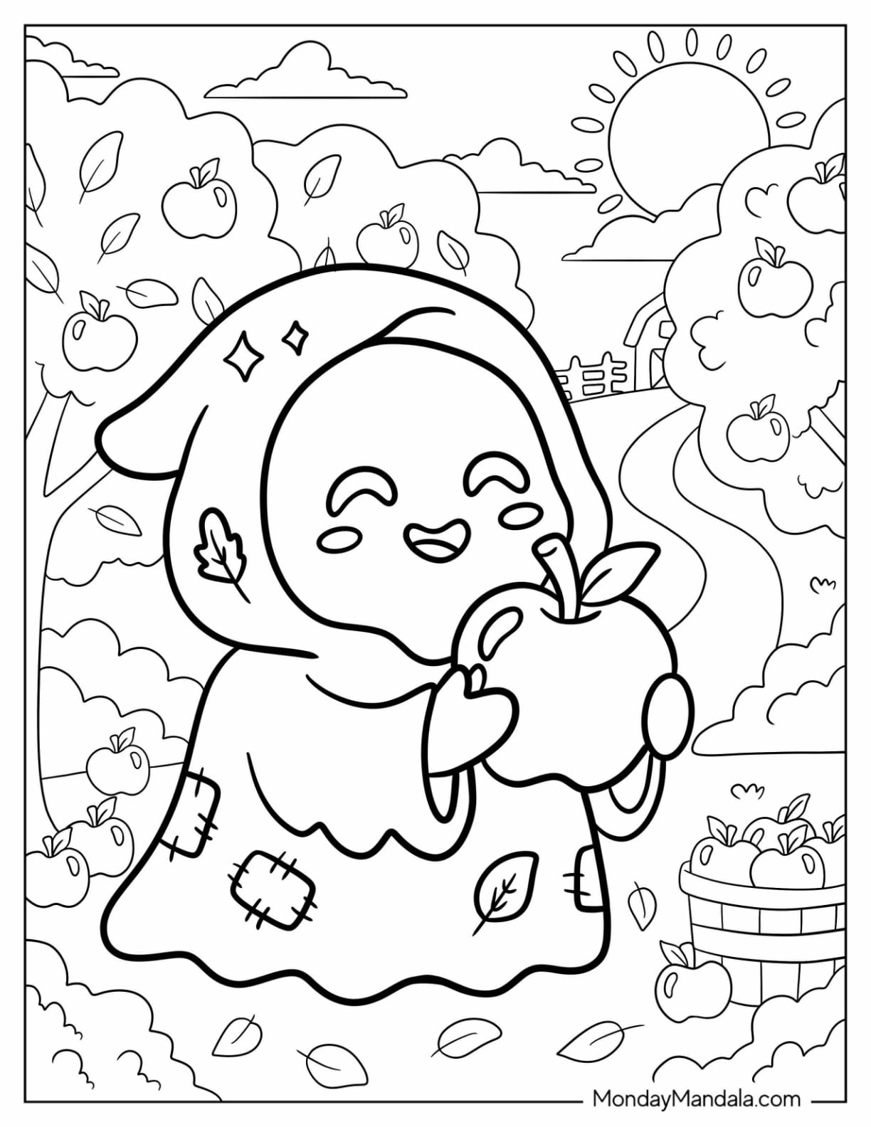 Happy Ghost Face Holding an Apple Coloring Page for Preschoolers
