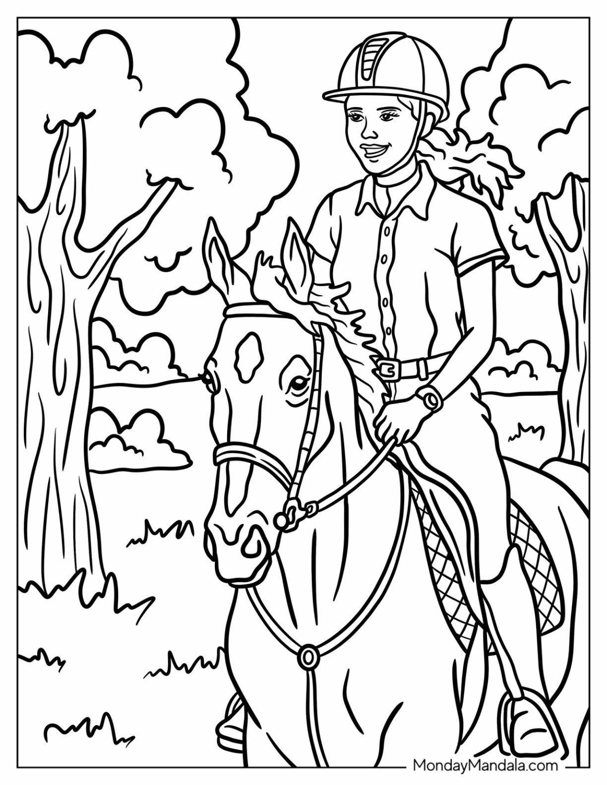 Happy Girl Riding a Horse Coloring Page in the Forest