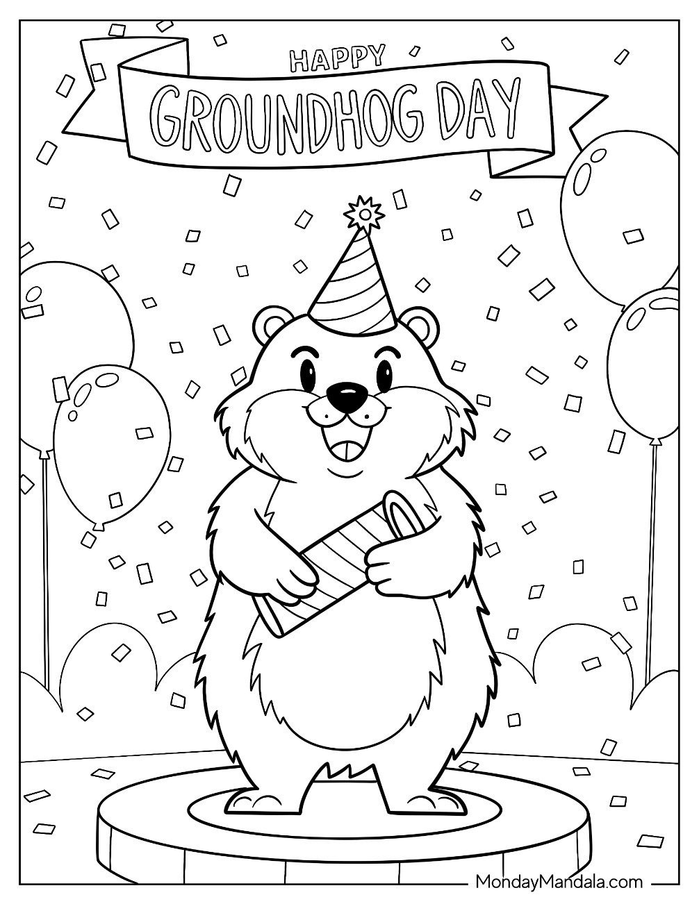 Happy Groundhog Day Coloring Page With Balloons And Confetti